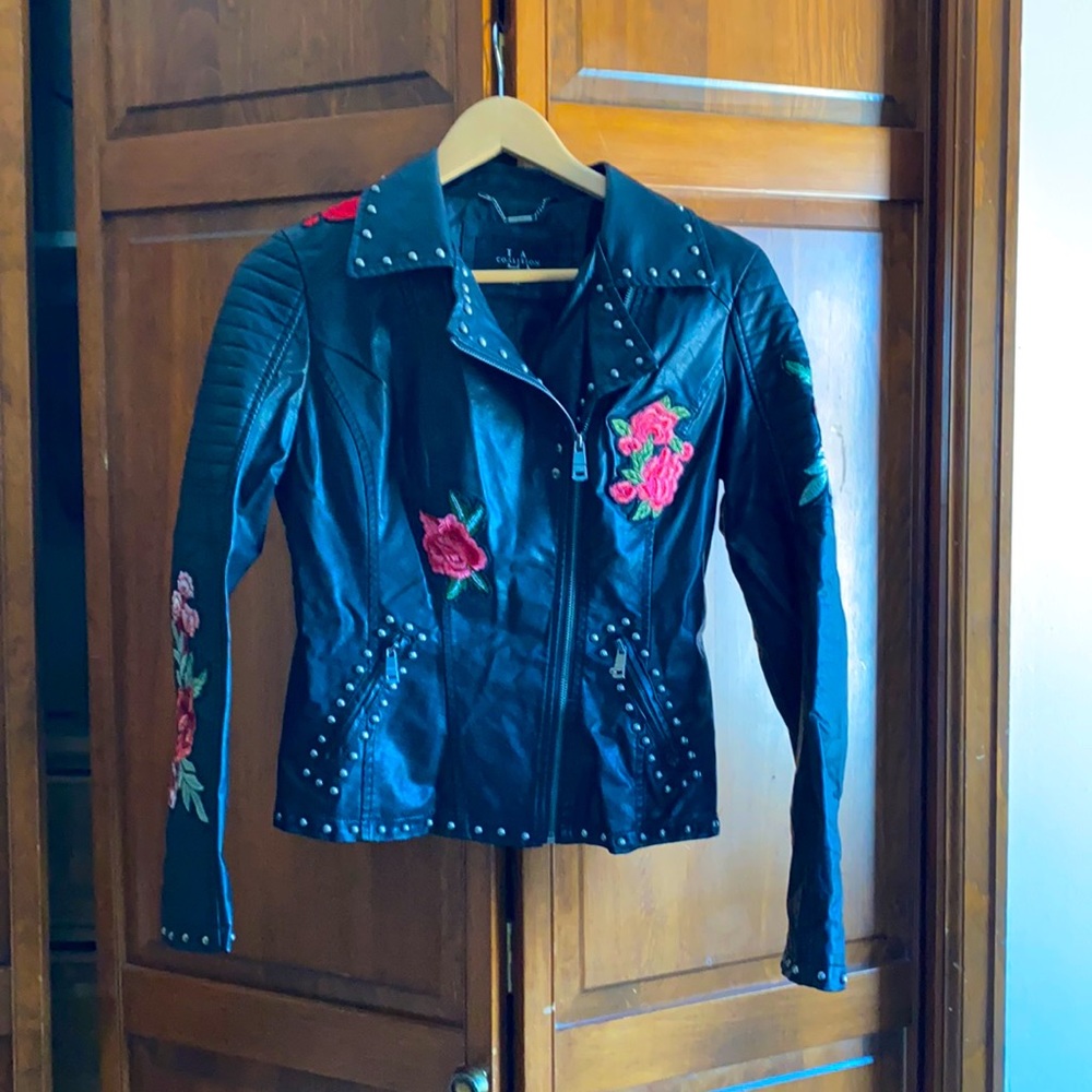 Black Vegan Leather Flower Biker Jacket